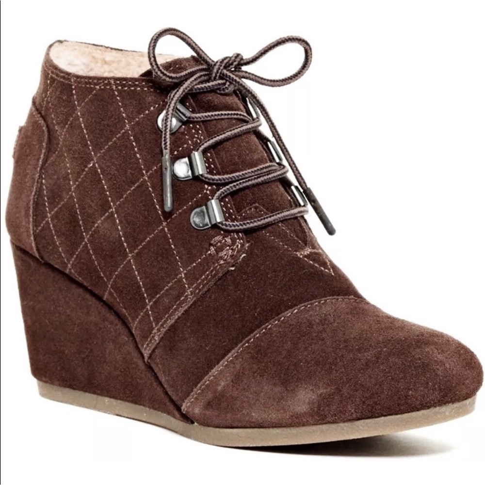 TOMS Quilted Desert Wedge Booties, Brown Suede, Fleece, Size 10